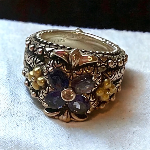 BARBARA BIXBY 18K GOLD & STERLING FLOWER IOLITE and WHITE TOPAZ RING - Size 6